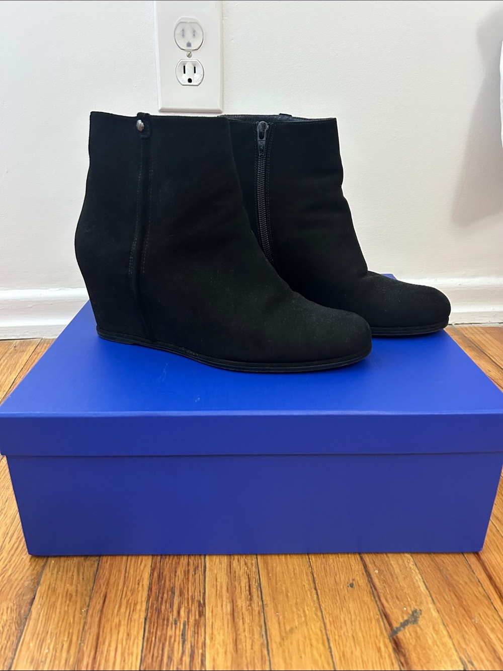 Stuart Weitzman Black Suede Wedge Ankle Boots with Side Zip
